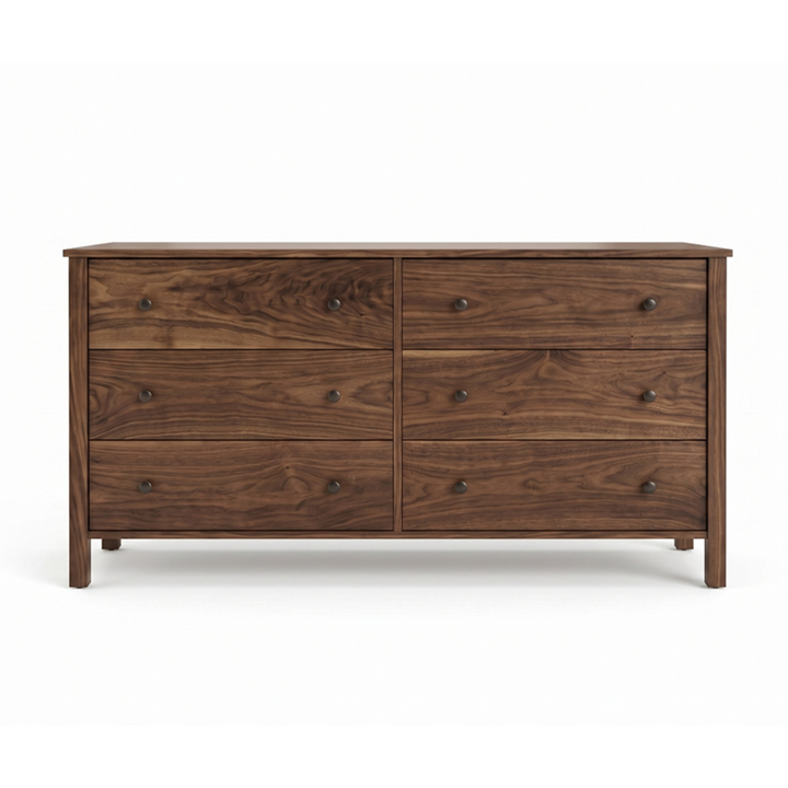 Solid wood walnut bedroom dresser 6 drawer Shaker design