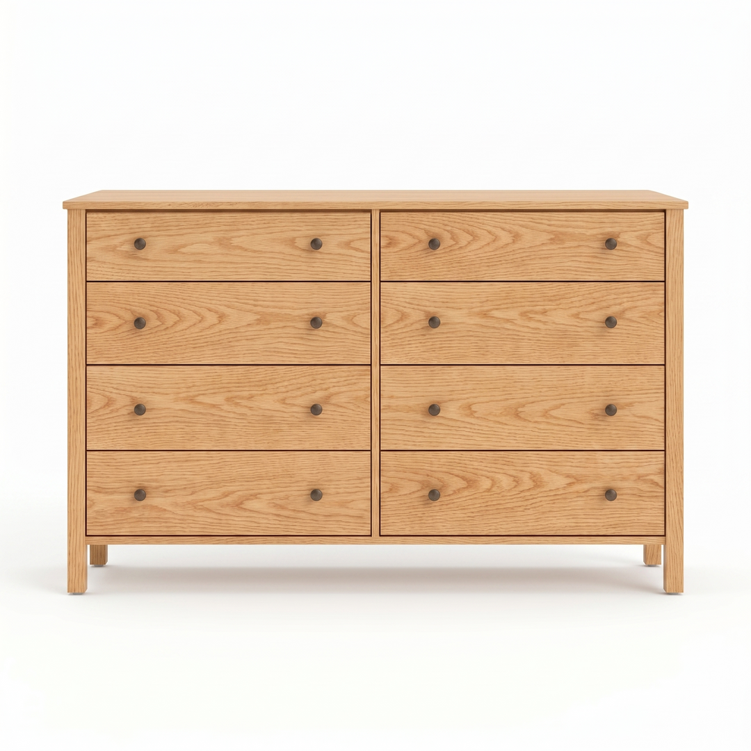 Shaker style oak wide dresser with 8 drawers