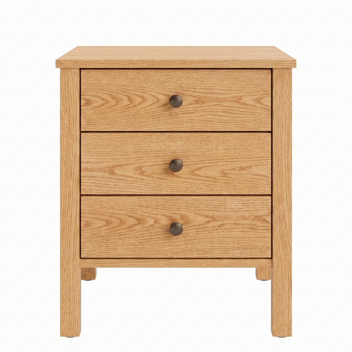 Shaker oak nightstand with 3 drawers natural wood finish