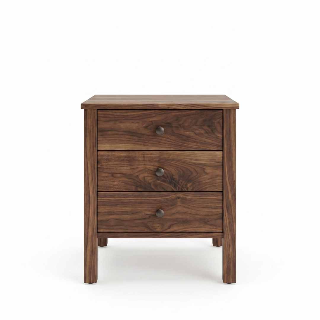Walnut wood nightstand Shaker style with 3 drawers