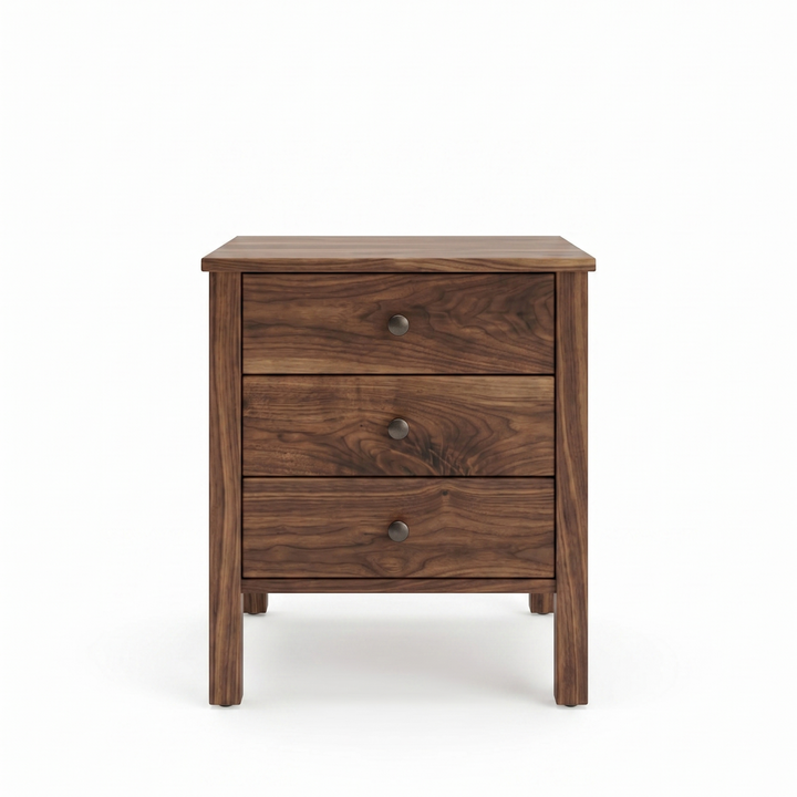 Walnut wood nightstand Shaker style with 3 drawers