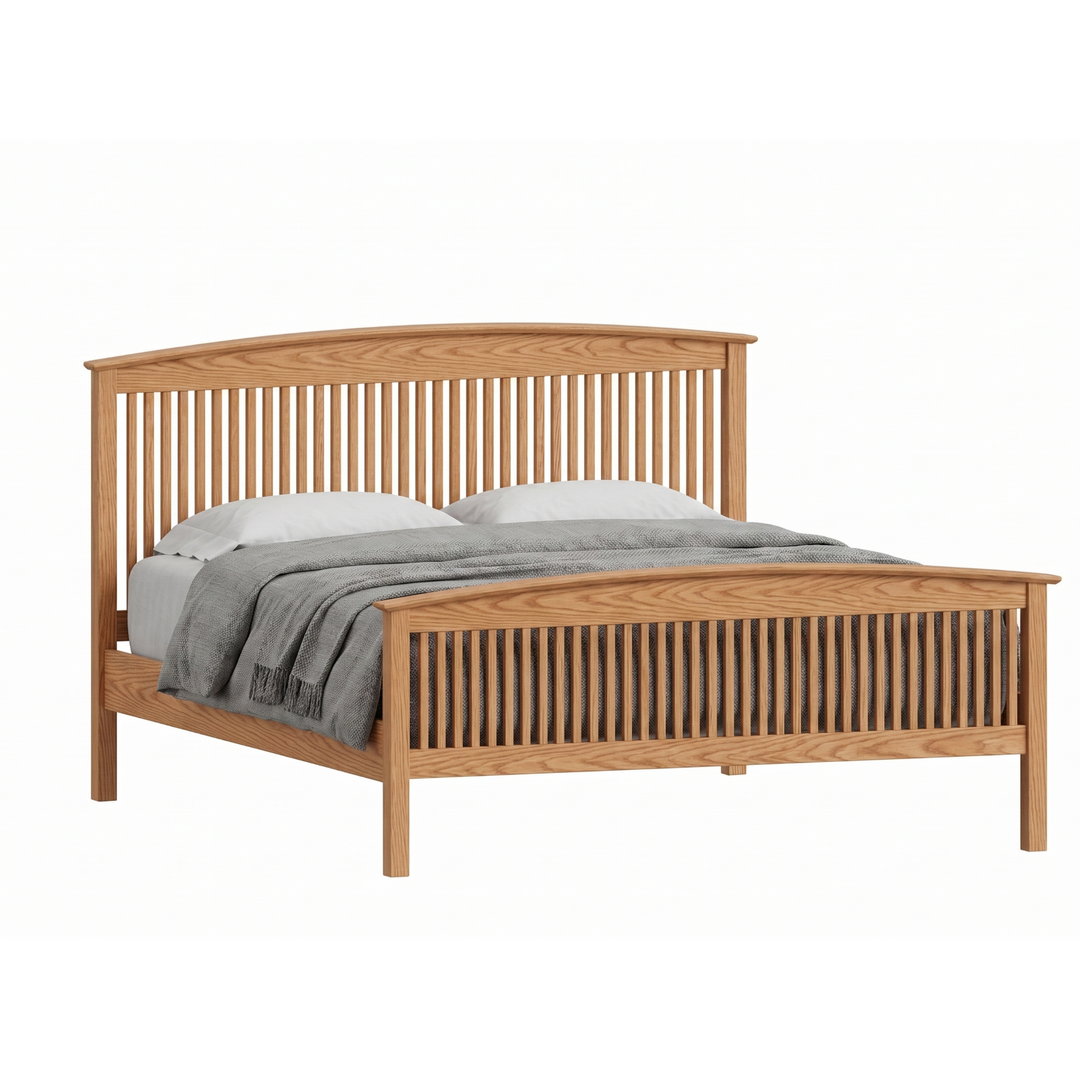 Solid oak wood Shaker spindle bed frame with arched headboard and matching footboard
