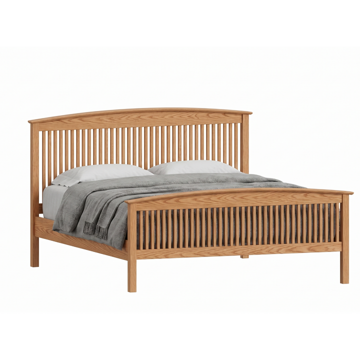 Solid oak wood Shaker spindle bed frame with arched headboard and matching footboard