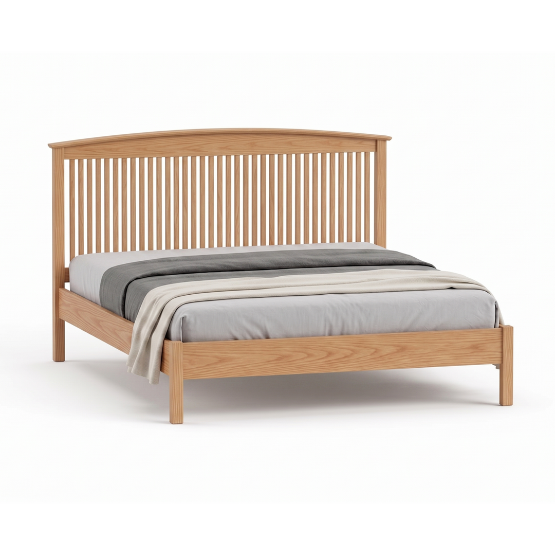 Shaker style solid oak wood spindle bed frame with arched headboard and low footboard