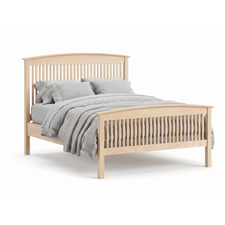 Maple Shaker style bed with vertical spindle headboard and footboard
