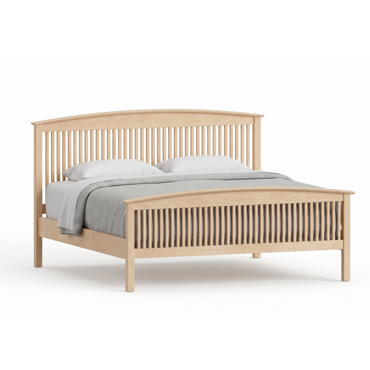 Maple Shaker style bed with vertical spindle headboard and footboard