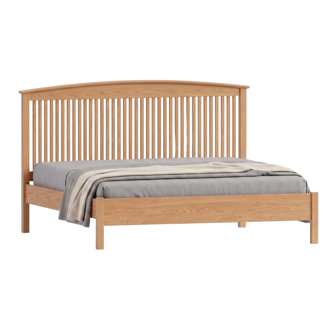 Shaker style solid oak wood spindle bed frame with arched headboard and low footboard