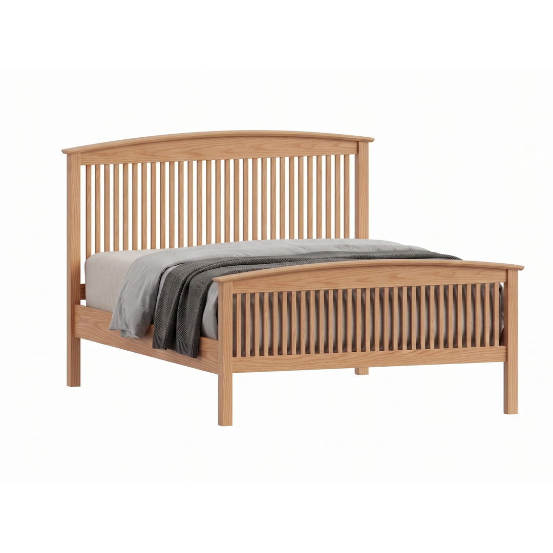 Solid oak wood Shaker spindle bed frame with arched headboard and matching footboard