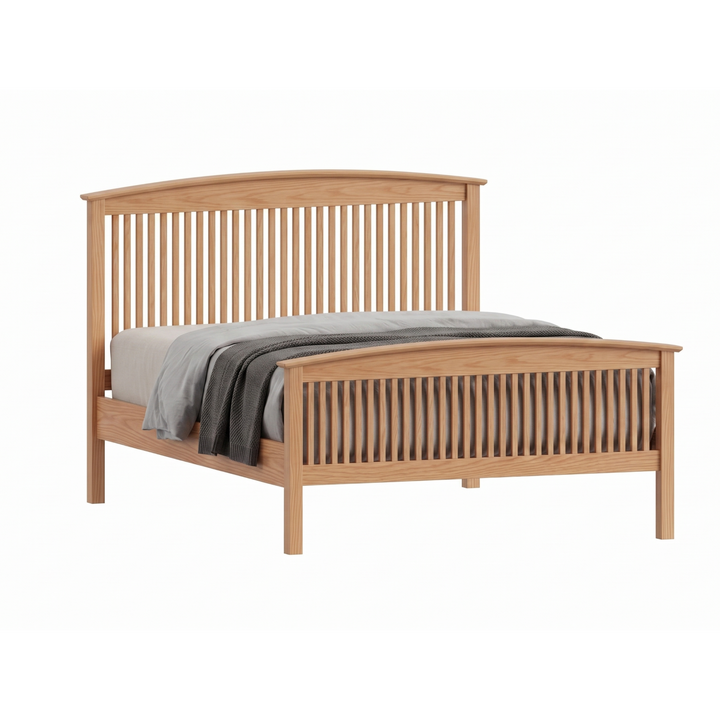 Solid oak wood Shaker spindle bed frame with arched headboard and matching footboard
