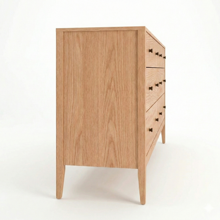 Side view of an elegant six-drawer dresser in red oak wood with refined black knobs. This piece is complete with under-mounted drawer slides and english dovetail joints.