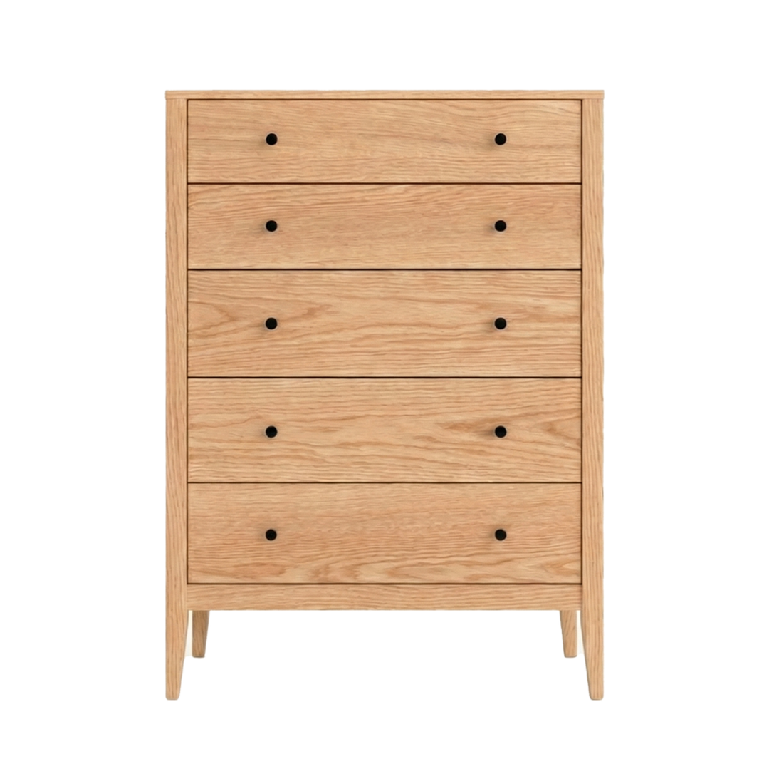 Maple wood chest of drawers with five drawers and black pulls