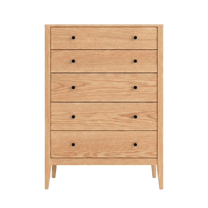 Maple wood chest of drawers with five drawers and black pulls