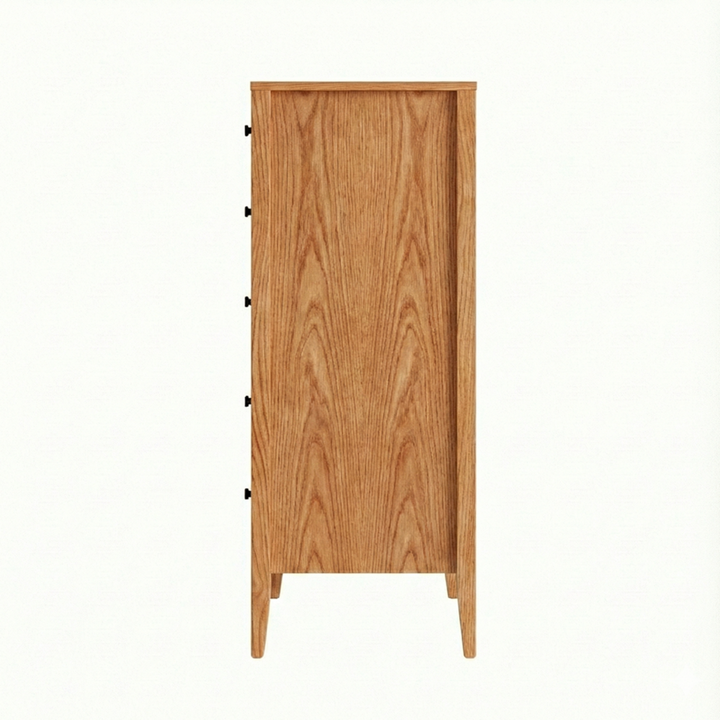 Oak wood chest of drawers with five drawers and black pulls