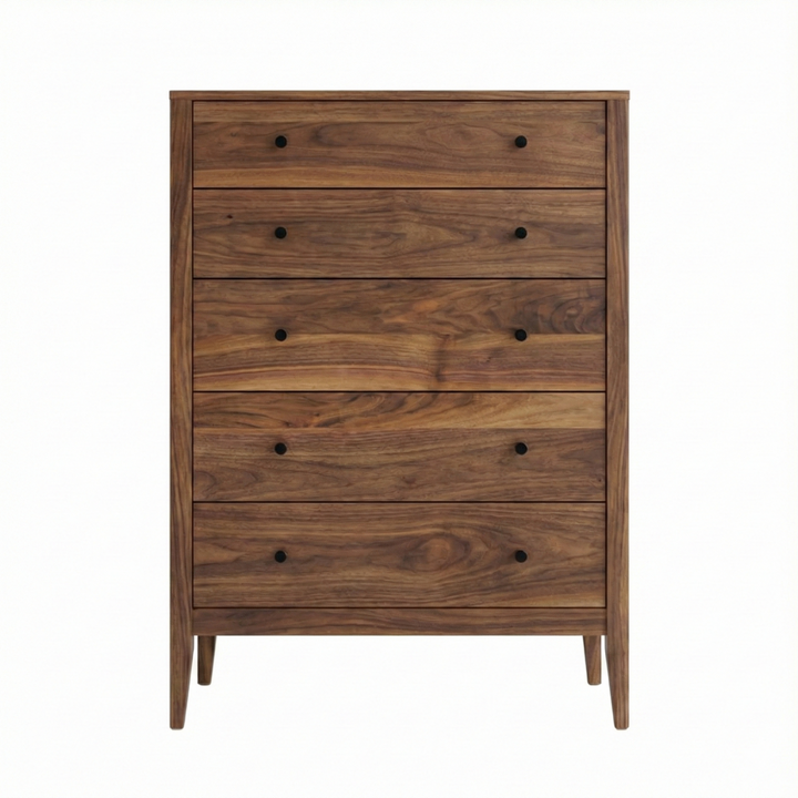 Modern solid walnut wood 5 drawer chest dresser with black knobs