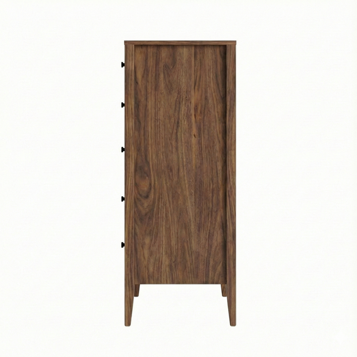 Walnut wood chest of drawers with five drawers and black pulls