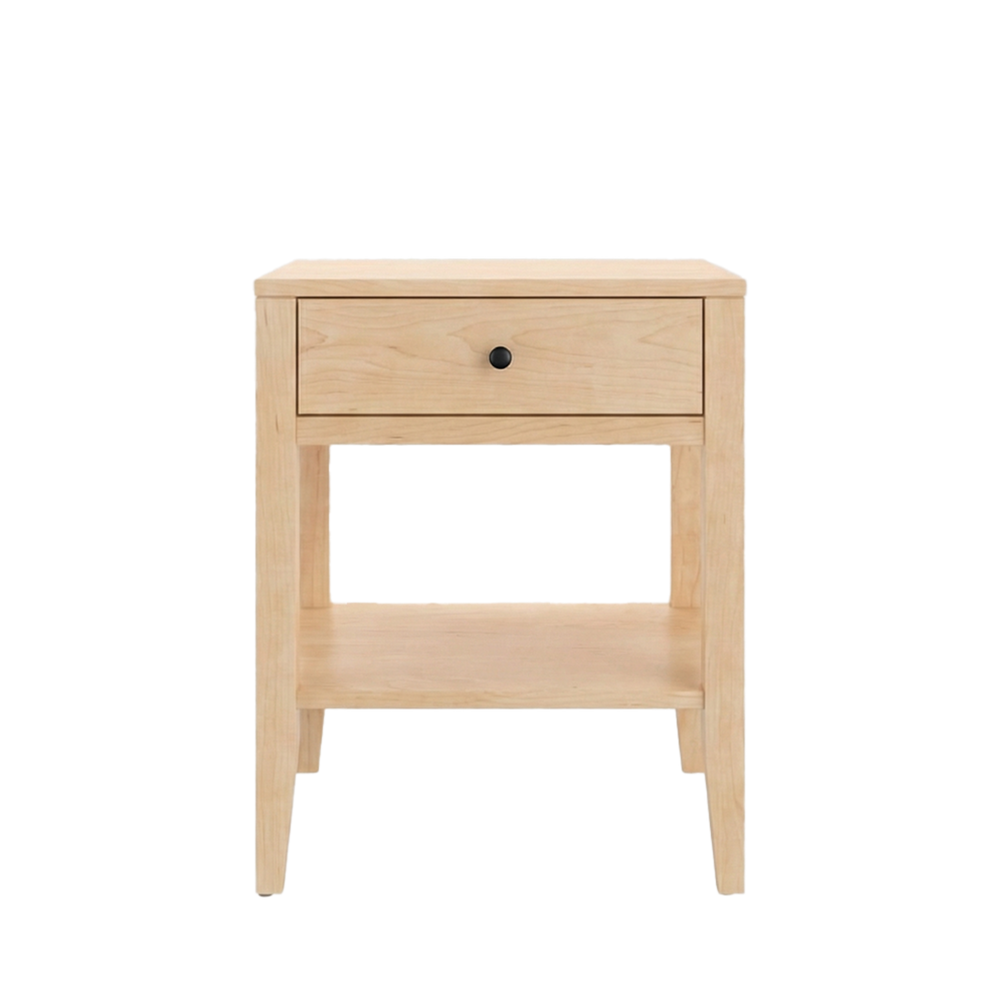Solid maple Shaker nightstand with drawer and lower shelf