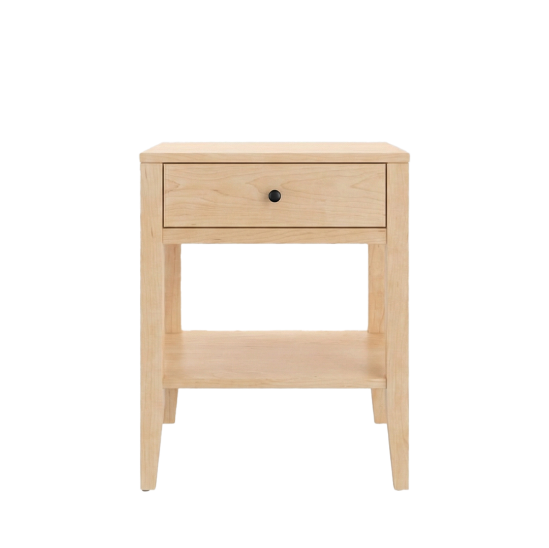 Solid maple Shaker nightstand with drawer and lower shelf