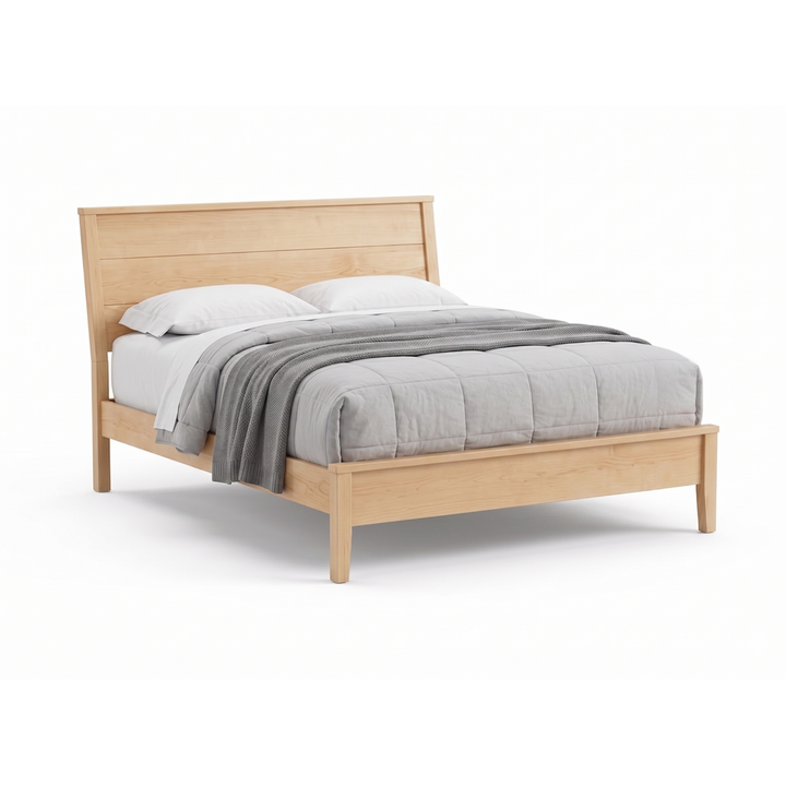 Modern solid wood maple panel bed with slanted headboard