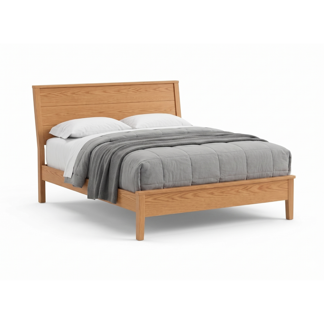Modern solid oak wood panel bed with low footboard