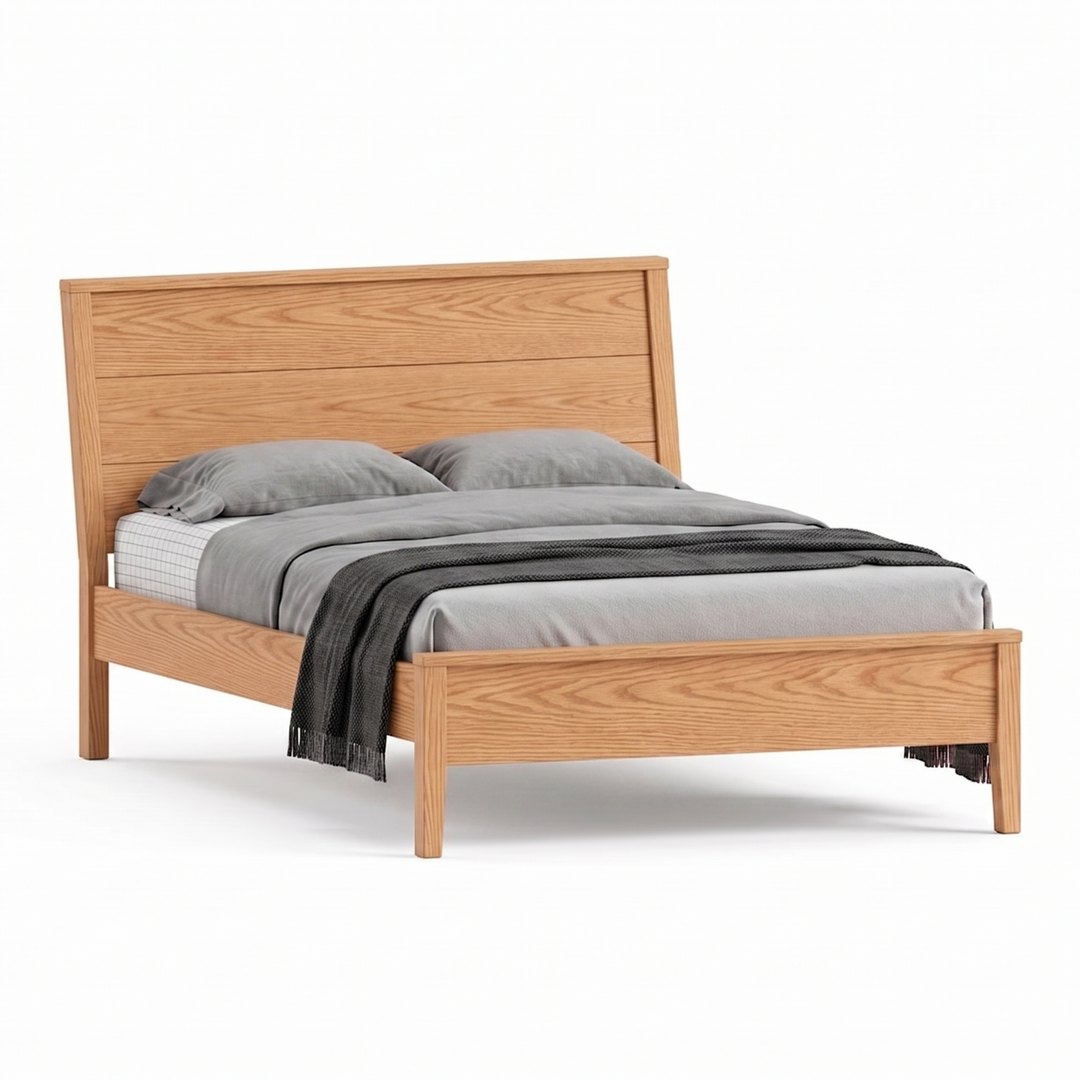 Solid oak panel bed, modern style with a low footboard