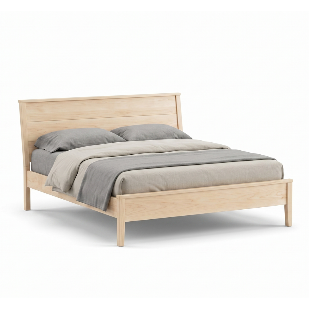 Modern solid maple wood panel bed with angled headboard