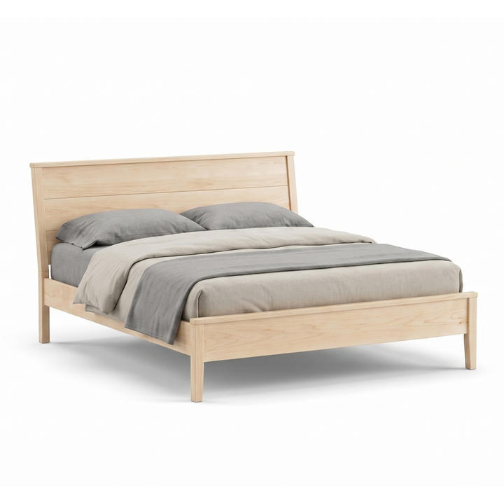 Modern solid maple wood panel bed with angled headboard