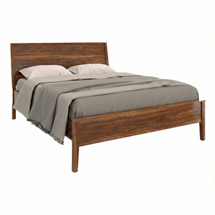 Modern solid walnut wood panel bed with low footboard and angled headboard