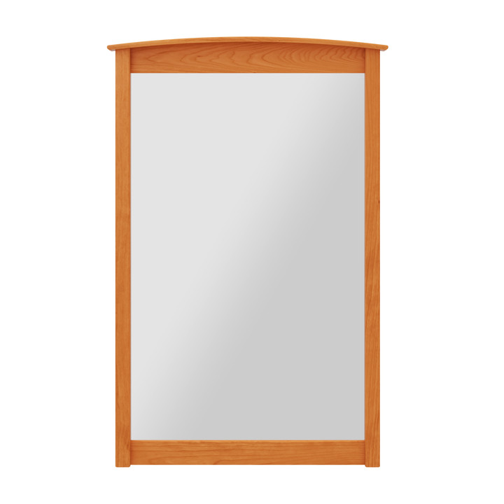 A rectangular, wall-mounted mirror with a hand crafted vermont made wooden frame in a natural cherry wood