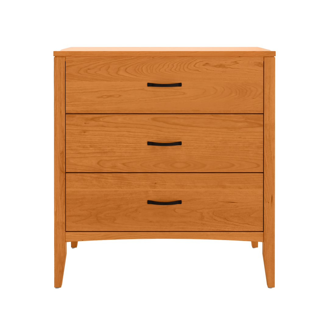 A Solid Cherry Wood three-drawer chest with black handles, representing a practical and stylish traditional piece of furniture.