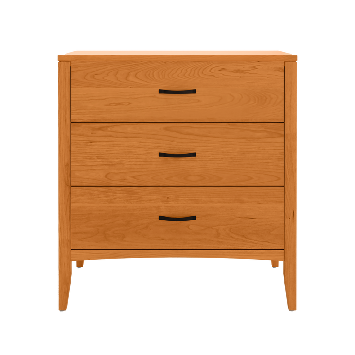 A Solid Cherry Wood three-drawer chest with black handles, representing a practical and stylish traditional piece of furniture.