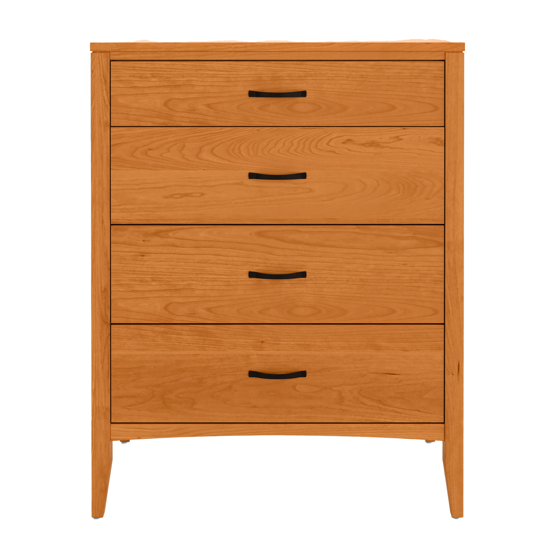 A solid cherry wooden four-drawer chest with black handles, representing a practical and stylish vermont furniture piece.