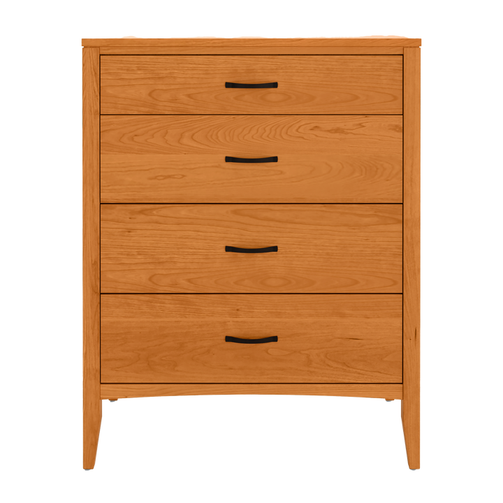 A solid cherry wooden four-drawer chest with black handles, representing a practical and stylish vermont furniture piece.