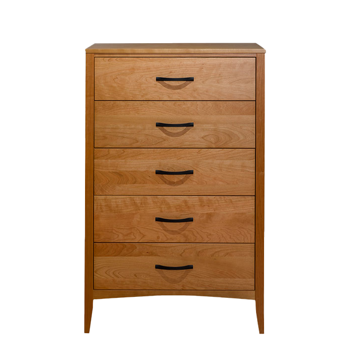 Solid Cherry wooden five-drawer chest with black handles, reflecting a midcentury modern design.
