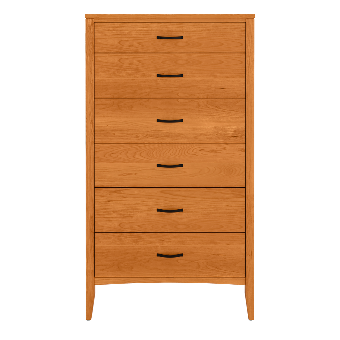 fine vermont furniture in solid cherry with six-drawers and curved black handles. 