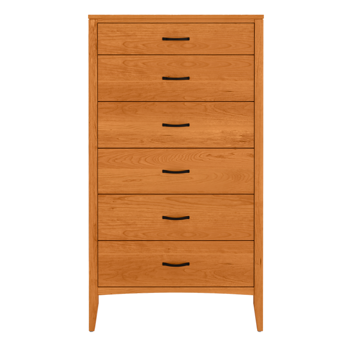 fine vermont furniture in solid cherry with six-drawers and curved black handles. 