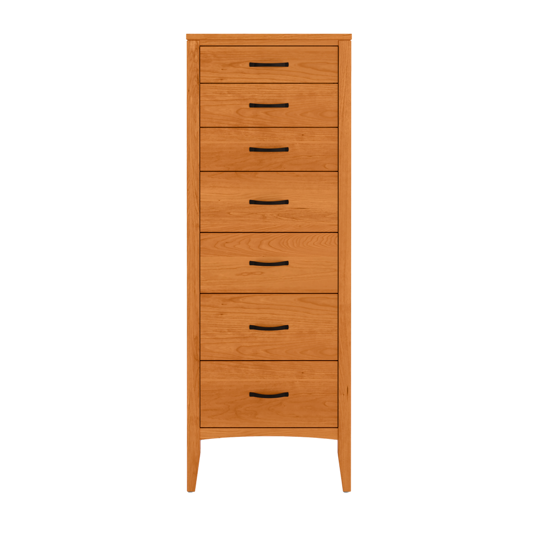 A tall, narrow solid vermont cherry seven-drawer lingerie chest with a natural finish and undermounted soft-close runners