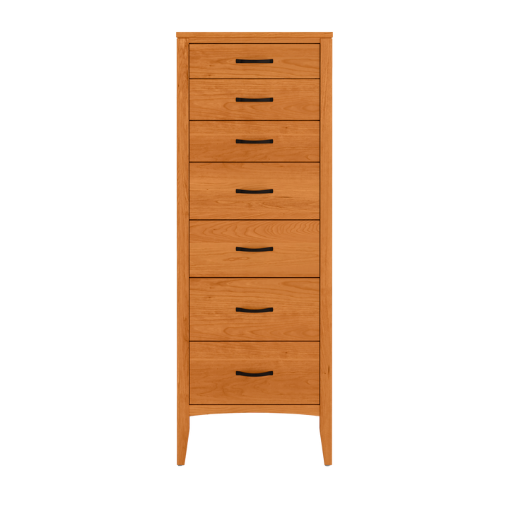 A tall, narrow solid vermont cherry seven-drawer lingerie chest with a natural finish and undermounted soft-close runners