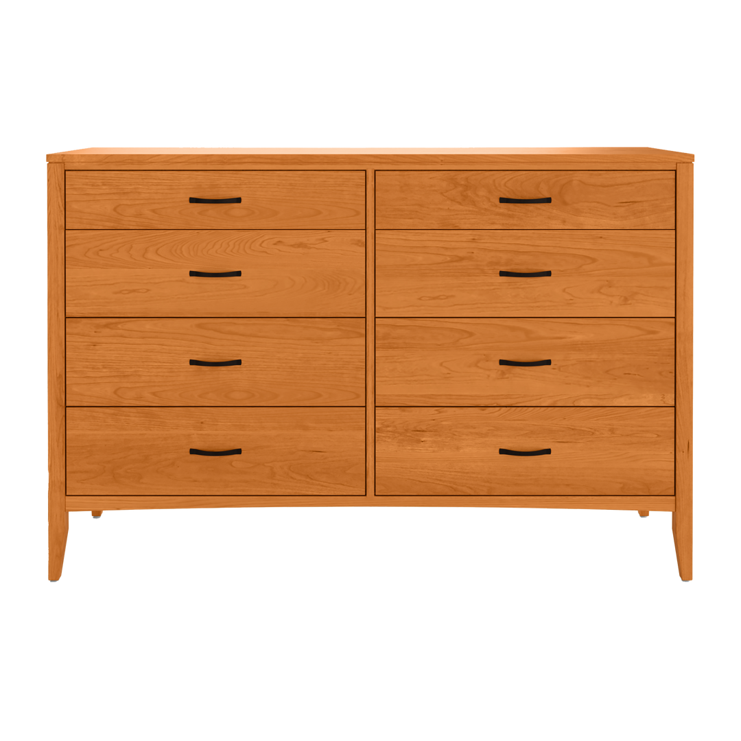 An eight-drawer solid cherry dresser with natural finish. The dresser has two banks of drawers with black handles and is presented in a front view.
