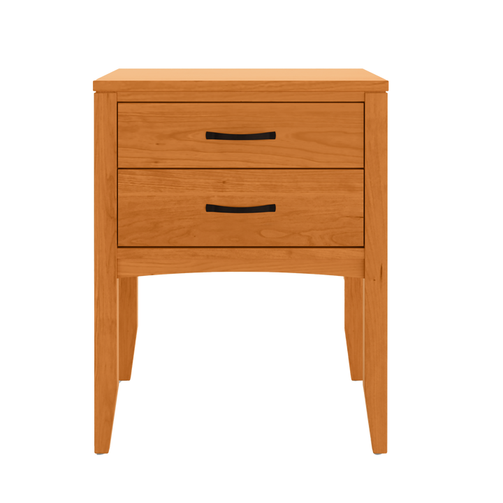 Solid Cherry wooden two-drawer nightstand with black handles, showcasing a midcentury modern design.
