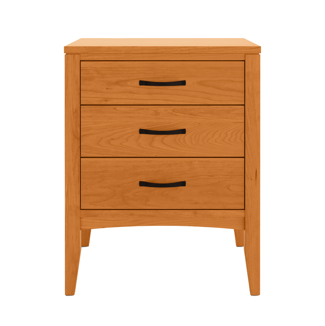 A solid cherry wooden three-drawer nightstand with sleek black handles, exemplifying midcentury modern design.