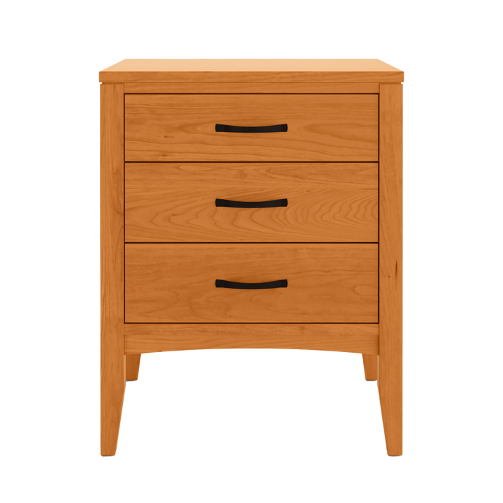 A solid cherry wooden three-drawer nightstand with sleek black handles, exemplifying midcentury modern design.