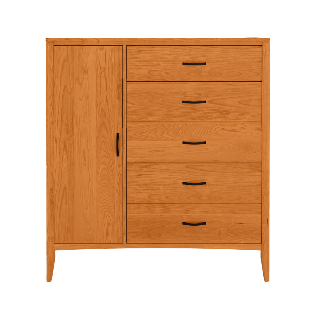 A solid cherry wooden armoire with five drawers and a door on the left side. Pictures with sleek black handles to pop the vermont wood.